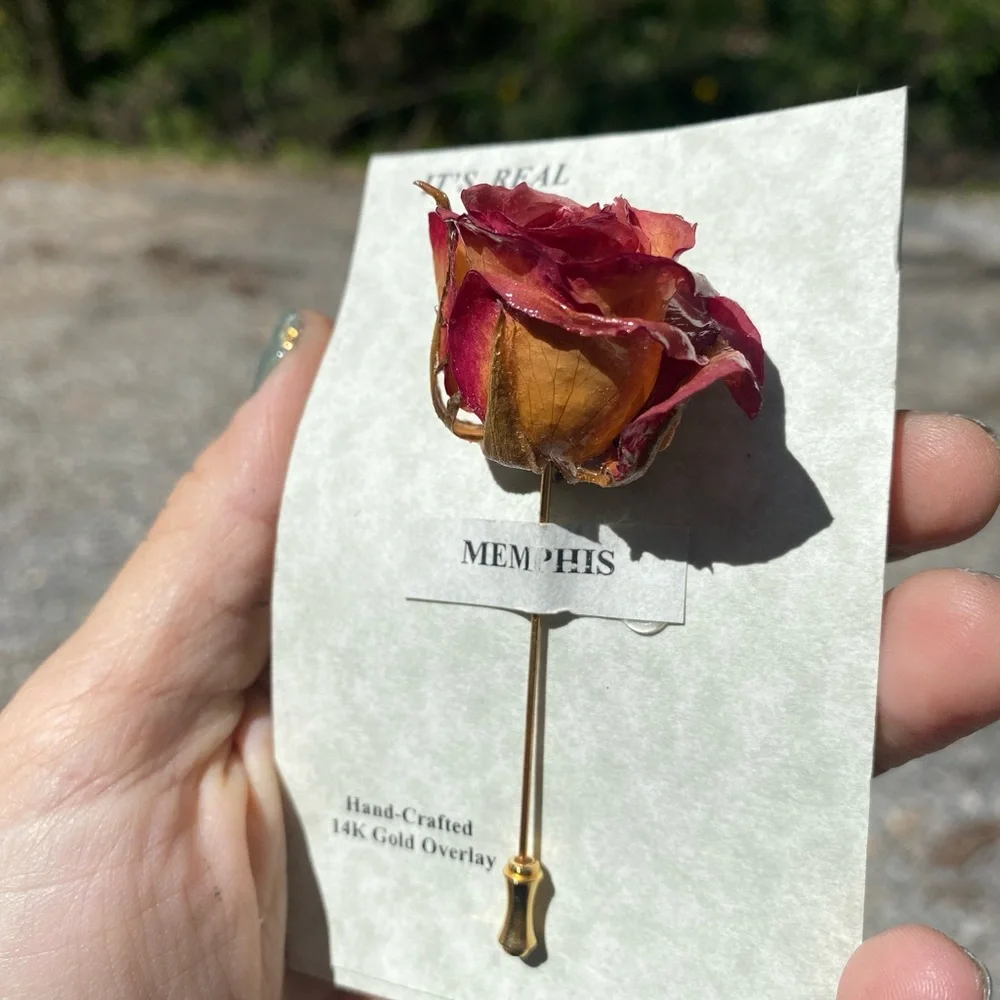 Vintage Handmade Real Rose Stick Pin 14K Gold Overlay Puspa-Danaya